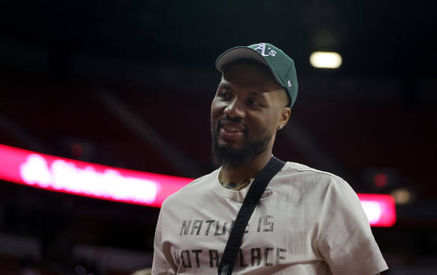 Damian Lillard of the Portland Trail Blazers attends a game between the Trail Blazers and the Detroit Pistons during the 2022 NBA Summer League at...