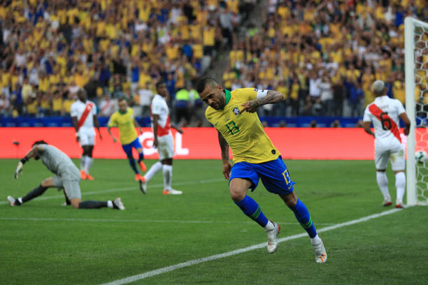 Dani Alves of Brazil celebrates after scoring the fourth goal of his team during the Copa America Brazil 2019 group A match between Peru and Brazil...