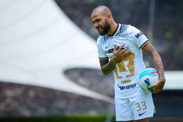 Dani Alves poses during his unveiling as new player of Pumas UNAM at La Cantera on July 23, 2022 in Mexico City, Mexico.