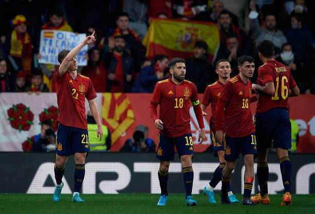 Dani Olmo of Spain celebrates a goal during the international friendly match between Spain and Albania at RCDE Stadium on March 26, 2022 in...