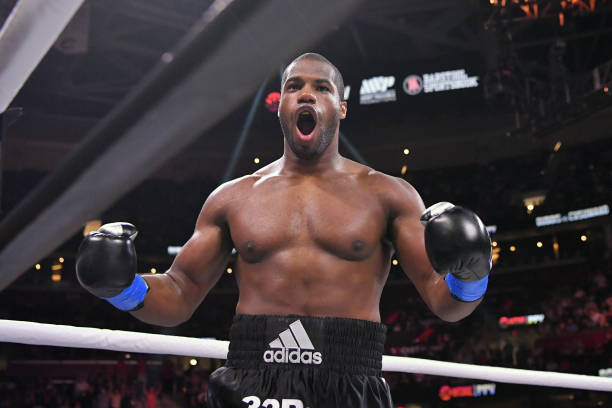 Daniel Dubois celebrates after knocking out Juan Carlos Rubio in their heavyweight bout during a Showtime pay-per-view event at Rocket Morgage...