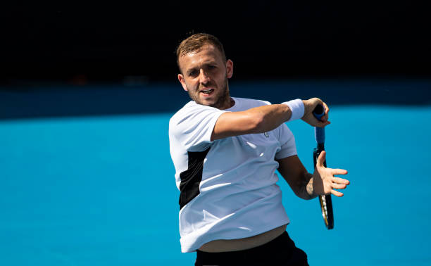 Daniel Evans of Great Britain hits a forehand against Jeremy Chardy of France during day six of the ATP 250 Murray River Open at Melbourne Park on...