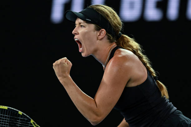 Danielle Collins of the United States celebrates during her match against Iga Swiatek of Poland during day 11 of the 2022 Australian Open at...