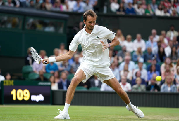 Daniil Medvedev in action during his mens singles' fourth round match against Hubert Hurkacz on day eight of Wimbledon at The All England Lawn Tennis...