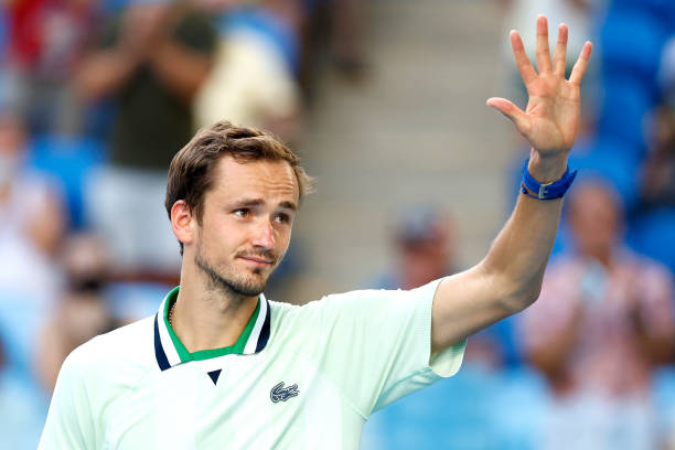 Daniil Medvedev of Russia celebrates after winning match point during his fourth round singles match against Maxime Cressy of the United States...