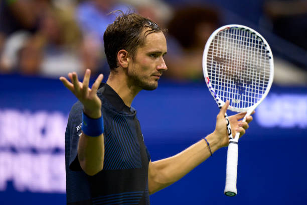 Daniil Medvedev of Russia reacts against Nick Kyrgios of Australia during their Men's Singles Fourth Round match on Day Seven of the 2022 US Open at...