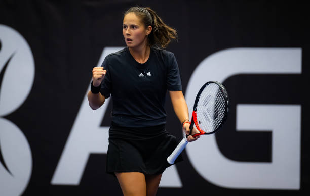 Daria Kasatkina of Russia in action against Emma Raducanu of Great Britain during her first round match on Day 2 of the Agel Open at Ostravar Arena...