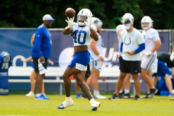 Darius Anderson of the Indianapolis Colts catches a pass during the Indianapolis Colts Training Camp at Grand Park on July 30, 2021 in Westfield,...