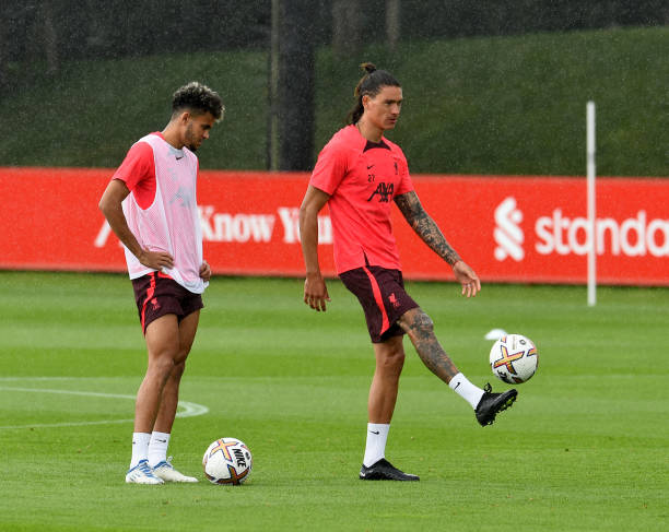 Darwin Nunez and Luis Diaz of Liverpool during a training session at AXA Training Centre on August 04, 2022 in Kirkby, England.