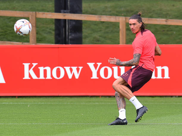 Darwin Nunez of Liverpool during a training session at AXA Training Centre on August 04, 2022 in Kirkby, England.