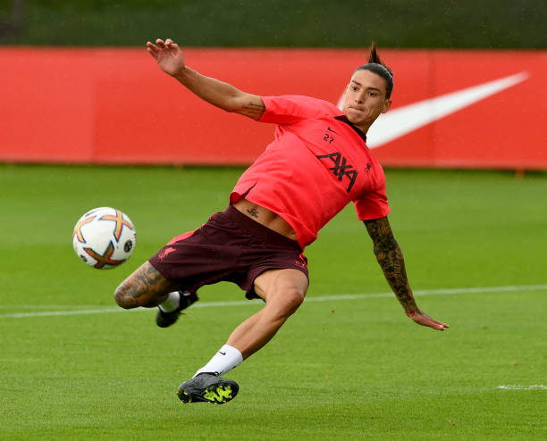 Darwin Nunez of Liverpool during a training session at AXA Training Centre on August 04, 2022 in Kirkby, England.