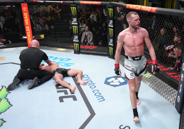 Davey Grant of England reacts after knocking out Louis Smolka in a bantamweight fight at UFC APEX on May 14, 2022 in Las Vegas, Nevada.