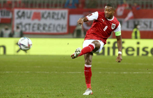 David Alaba of Austria controls the ball during the 2022 FIFA World Cup Qualifier match between Austria and Israel at Wörthersee Stadium on November...