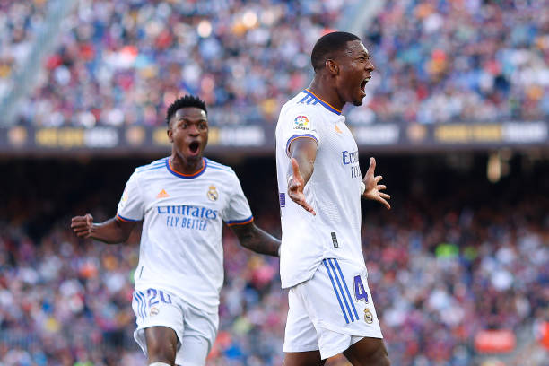 David Alaba of Real Madrid celebrates after scoring their side's first goal during the LaLiga Santander match between FC Barcelona and Real Madrid CF...
