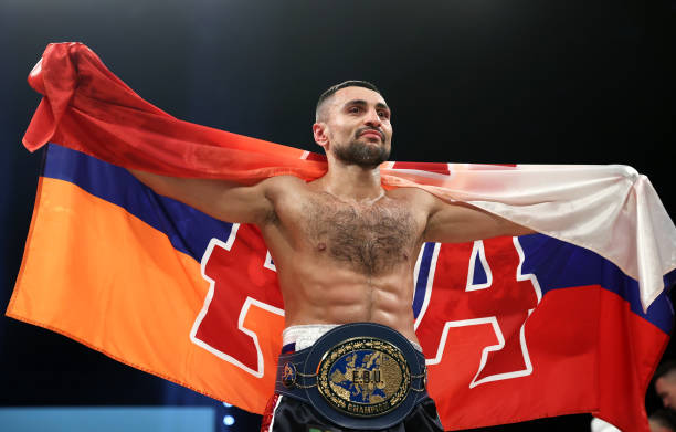 David Avanesyan celebrates victory in the EBU European Welterweight Title fight between David Avanesyan and Liam Taylor at SSE Arena on October 02,...