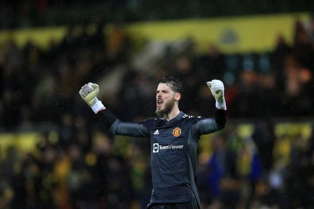 David De Gea of Manchester United celebrates victory during the Premier League match between Norwich City and Manchester United at Carrow Road on...