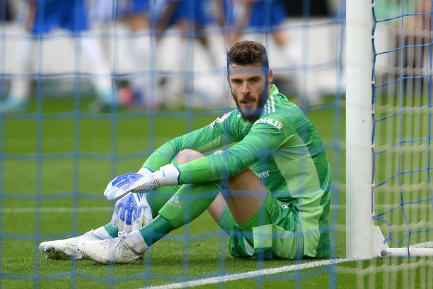 David De Gea of Manchester United reacts after Marc Cucurella of Brighton & Hove Albion scored their sides third goalduring the Premier League match...