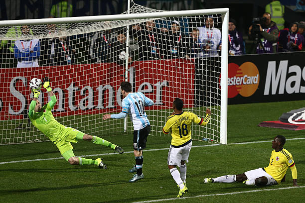 David Ospina of Colombia makes a save during the 2015 Copa America Chile quarter final match between Argentina and Colombia at Sausalito Stadium on...