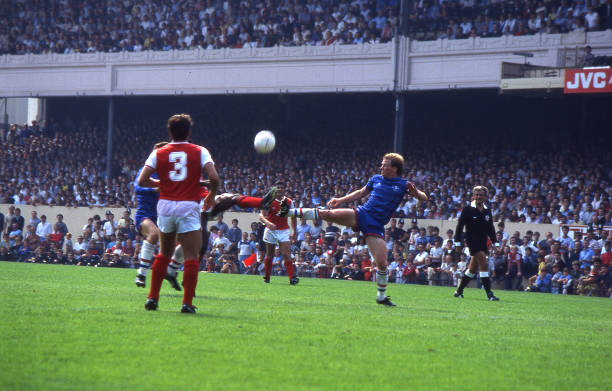 David Speedie of Chelsea makes a challenge during the Canon League Division One match between Arsenal and Chelsea held on August 25, 1984 at...