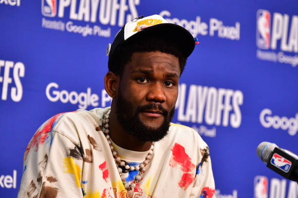 Deandre Ayton of the Phoenix Suns talks to the media after Game 5 of the 2022 NBA Playoffs Western Conference Semifinals on May 10, 2022 at Footprint...