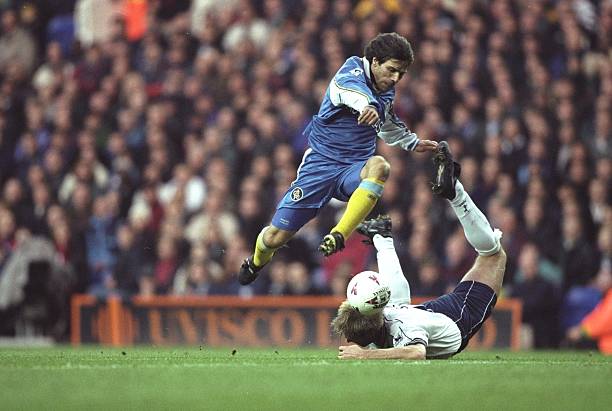Gianfranco Zola of Chelsea takes on John Scales of Tottenham Hotspur during an FA Carling Premiership match at White Hart Lane in London. Chelsea won...