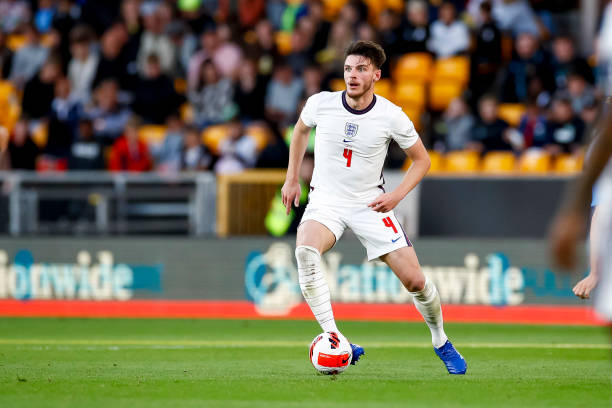 Declan Rice of England controls the ball during the UEFA Nations League League A Group 3 match between England and Italy at Molineux on June 11, 2022...