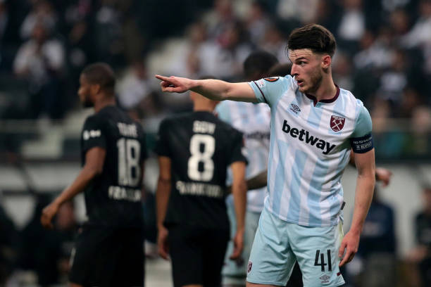 Declan Rice of West Ham United gestures during the UEFA Europa League Semi Final Leg Two match between Eintracht Frankfurt and West Ham United at...