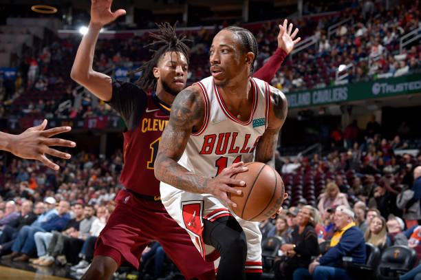 DeMar DeRozan of the Chicago Bulls handles the ball during the game against the Cleveland Cavaliers on March 26, 2022 at Rocket Mortgage FieldHouse...