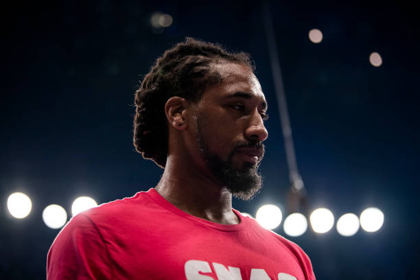 Demetrius Andrade is introduced before the WBO middleweight title bout against Jason Quigley at SNHU Arena on November 19, 2021 in Manchester, New...