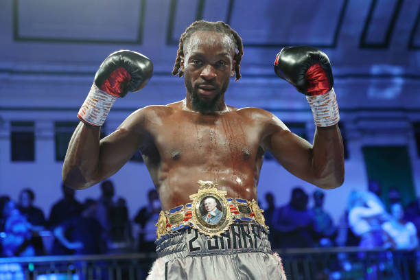 Denzel Bentley celebrates victory with the British Middleweight belt after during the British Middleweight Title fight between Denzel Bentley and...