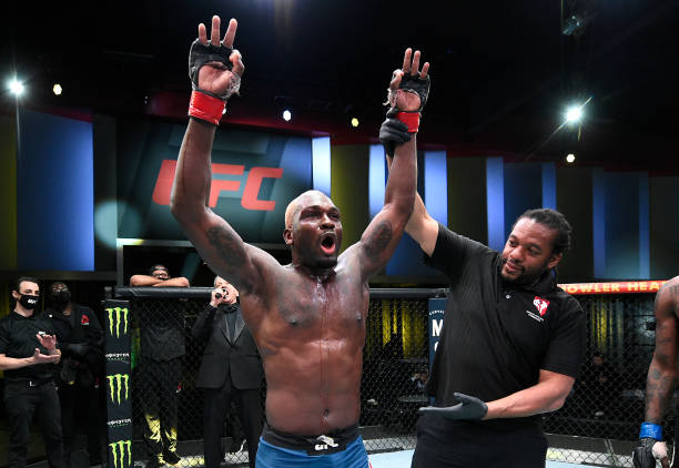Derek Brunson reacts after his unanimous-decision victory over Kevin Holland in their middleweight fight during the UFC Fight Night event at UFC APEX...