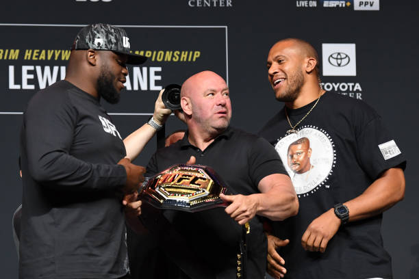 Derrick Lewis and Ciryl Gane of France face off during the UFC 265 press conference at at Toyota Center on August 05, 2021 in Houston, Texas.