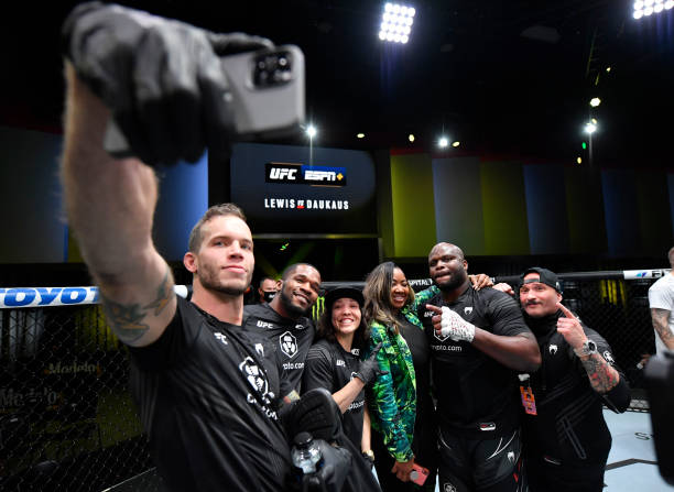 Derrick Lewis celebrates after his knockout victory over Chris Daukaus in their heavyweight fight during the UFC Fight Night event at UFC APEX on...