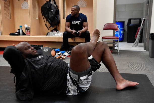 Derrick Lewis rests backstage during the UFC 271 event at Toyota Center on February 12, 2022 in Houston, Texas.