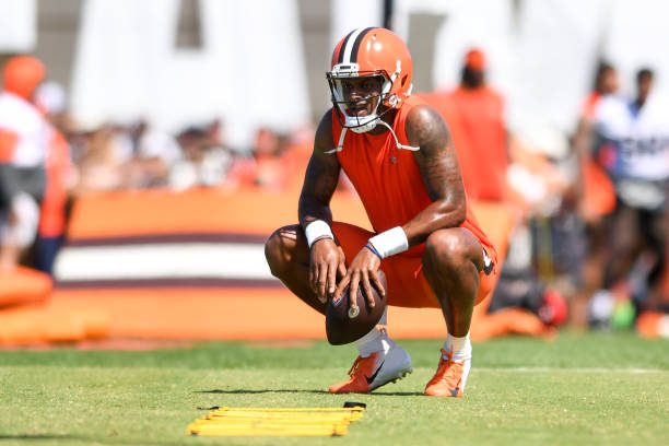 Deshaun Watson of the Cleveland Browns rests after running a drill during Cleveland Browns training camp at CrossCountry Mortgage Campus on July 30,...