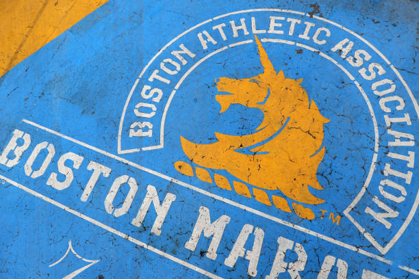 Detail of the Boston Marathon finish line on April 20, 2020 in Boston, Massachusetts. Due to the coronavirus pandemic, the race was rescheduled to...