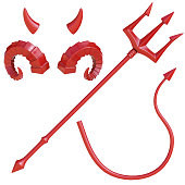 Devil's trident, tail and horns design elements, devil costume