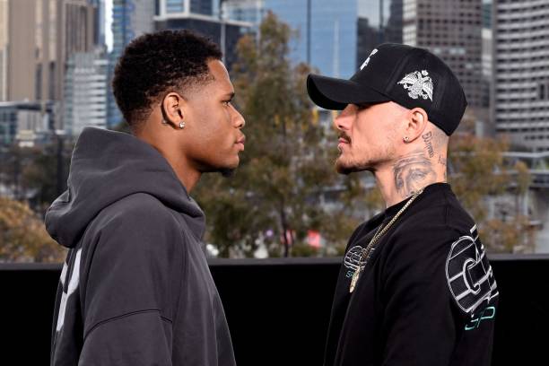 Devin Haney of the US faces-off with Australia's George Kambosos in Melbourne on October 11 ahead of their rematch for the lightweight unification...