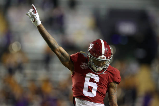 DeVonta Smith of the Alabama Crimson Tide reacts during the game against the LSU Tigers at Tiger Stadium on December 05, 2020 in Baton Rouge,...