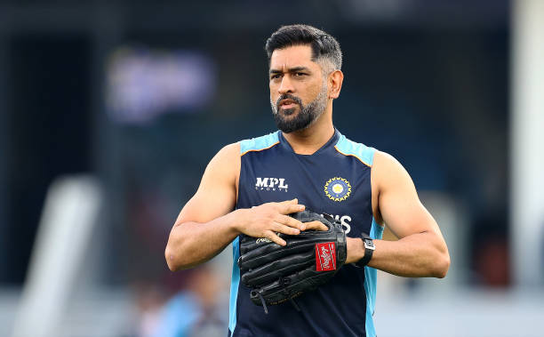 Dhoni, Mentor of India looks on ahead of the ICC Men's T20 World Cup match between India and Pakistan at Dubai International Stadium on October 24,...