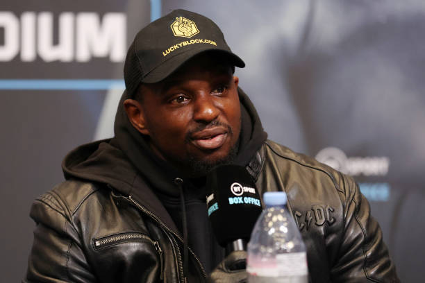 Dillian Whyte speaks during a press conference ahead of the heavyweight boxing match between Tyson Fury and Dillian Whyte at Wembley Stadium on April...
