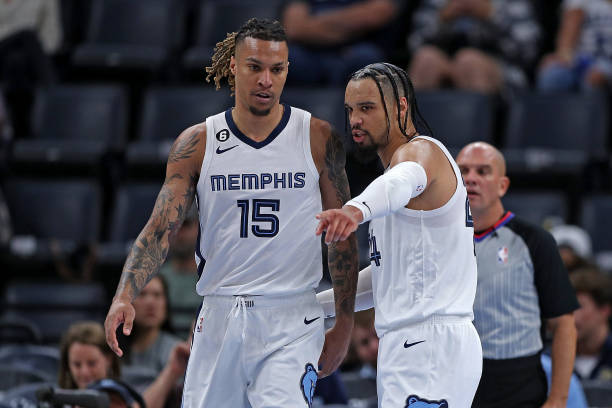 Dillon Brooks and Brandon Clarke of the Memphis Grizzlies during a preseason game against the Orlando Magic at FedExForum on October 03, 2022 in...