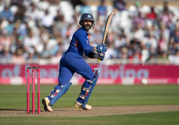 Dinesh Karthik of India batting during the International Twenty20 match between England and India at Trent Bridge on July 10, 2022 in Nottingham,...