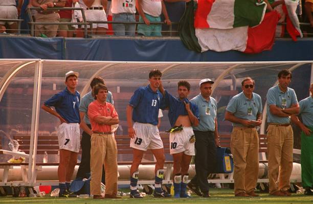 Dino Baggio & Roberto Baggio, Italy, celebrate victory against Bulgaria