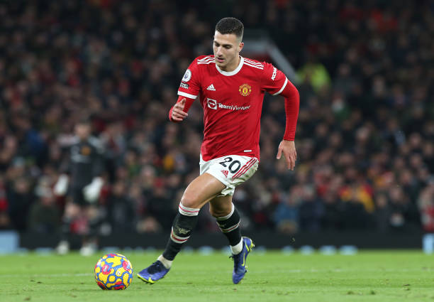 Diogo Dalot of Manchester United in action during the Premier League match between Manchester United and Arsenal at Old Trafford on December 2, 2021...