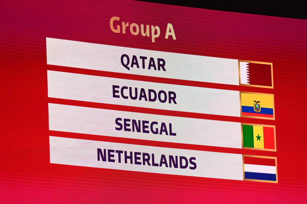 Displays the Fifa World Cup Qatar 2022 Final Draw results for Group A during the FIFA World Cup Qatar 2022 Final Draw at the Doha Exhibition Center...