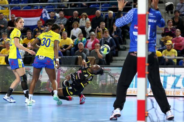 Djeneba Tandjan of Toulon during the handball women's French national cup match between Metz and Toulon on April 26, 2017 in Metz, France.