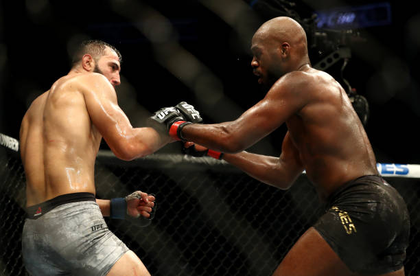 Dominick Reyes and Jon Jones in their UFC Light Heavyweight Championship bout during UFC 247 at Toyota Center on February 08, 2020 in Houston, Texas.
