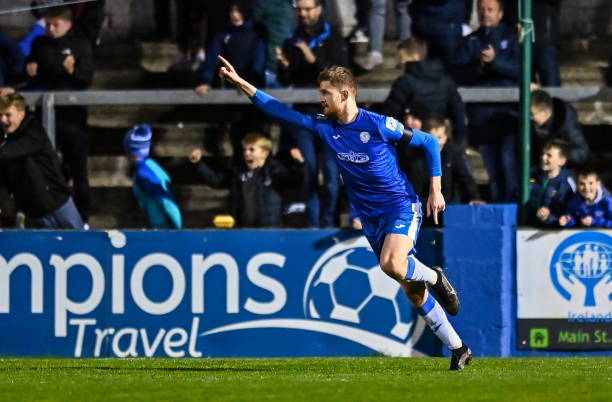 Donegal , Ireland - 14 October 2022; Rob Jones of Finn Harps celebrates after scoring his side's first goal during the SSE Airtricity League Premier...