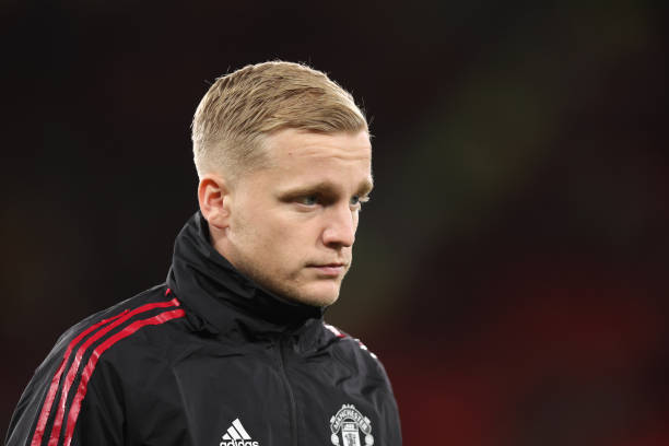 Donny van de Beek of Manchester United warms up ahead of the Premier League match between Manchester United and Wolverhampton Wanderers at Old...
